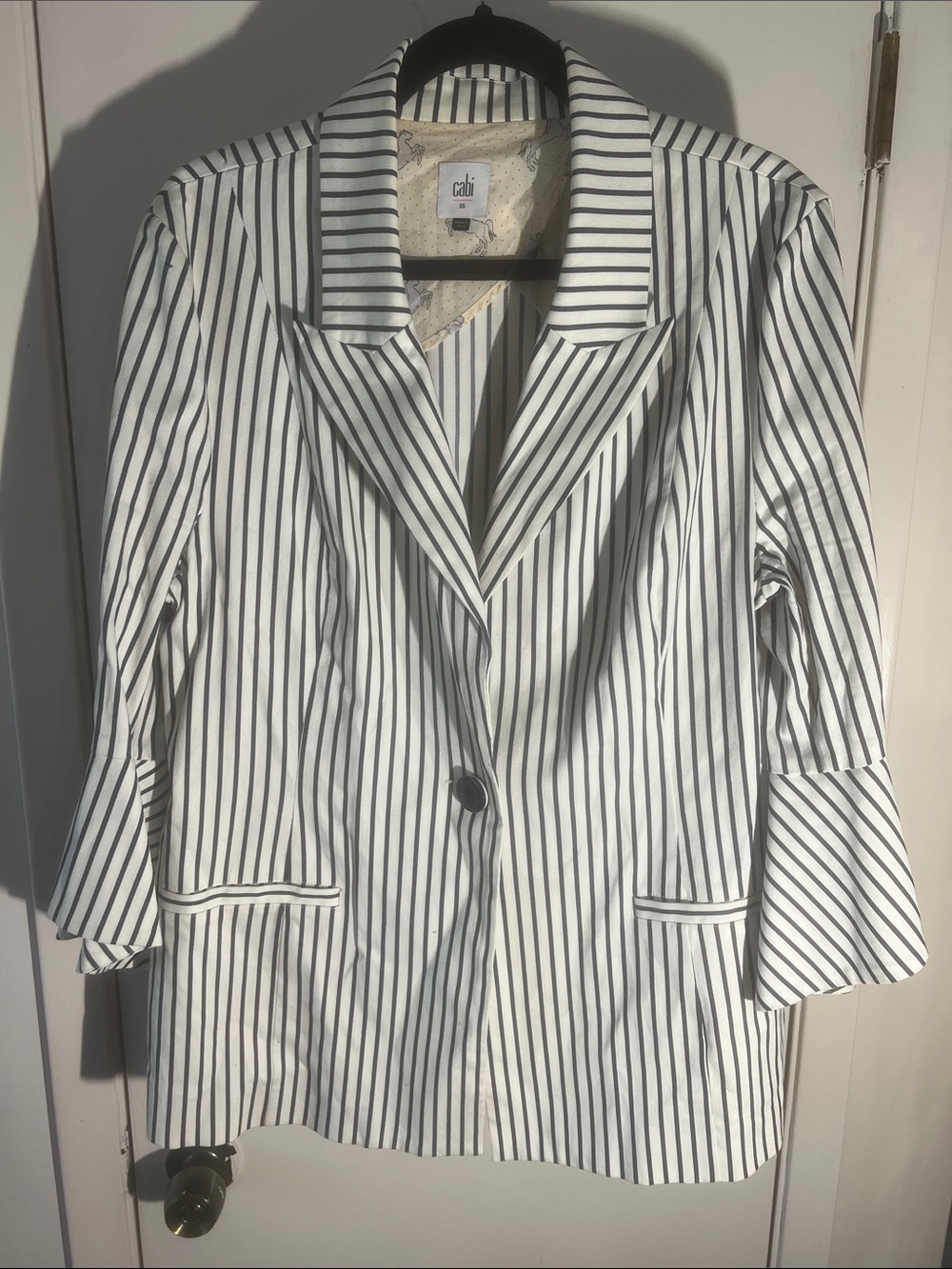 CAbi White Blazer with Navy Stripe Detailing